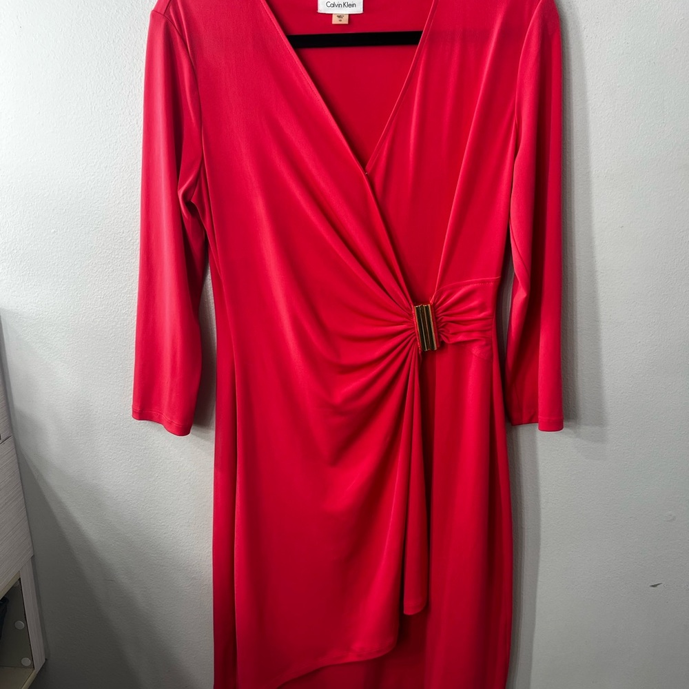 Calvin Klein Coral Pink Faux-Wrap Dress with Gold Accent